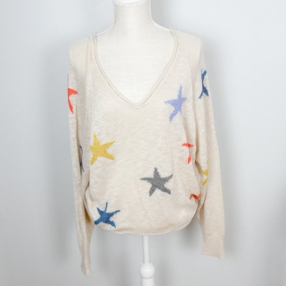 Blank Paige Tan Lightweight Sweater with Colorful Stars Medium - Picture 1 of 9
